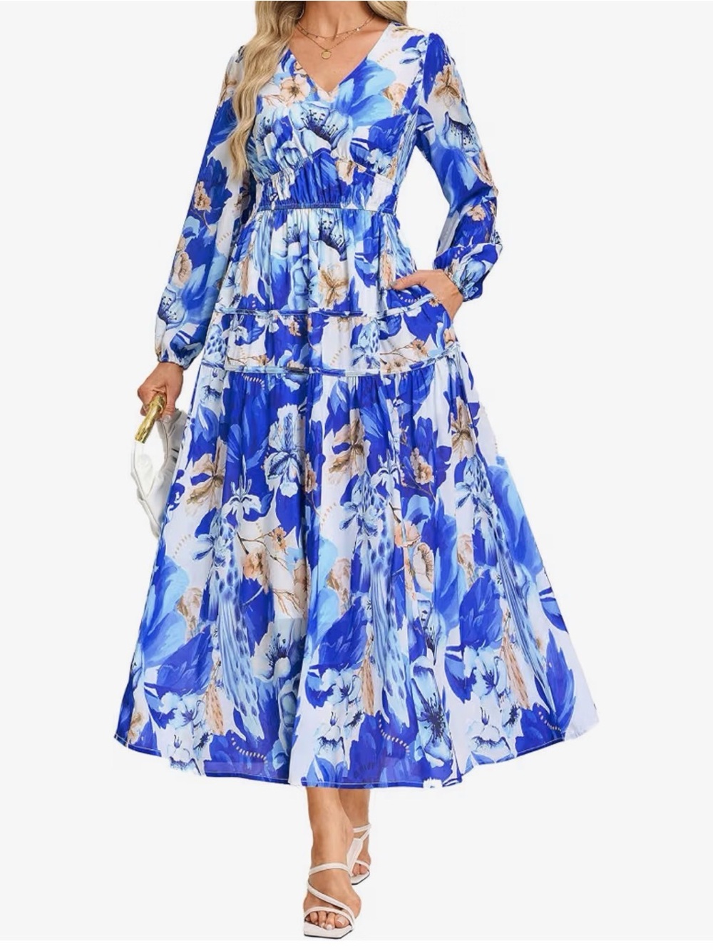Grace Karin deep pockets Blue Floral V-Neck Maxi Dress size XL